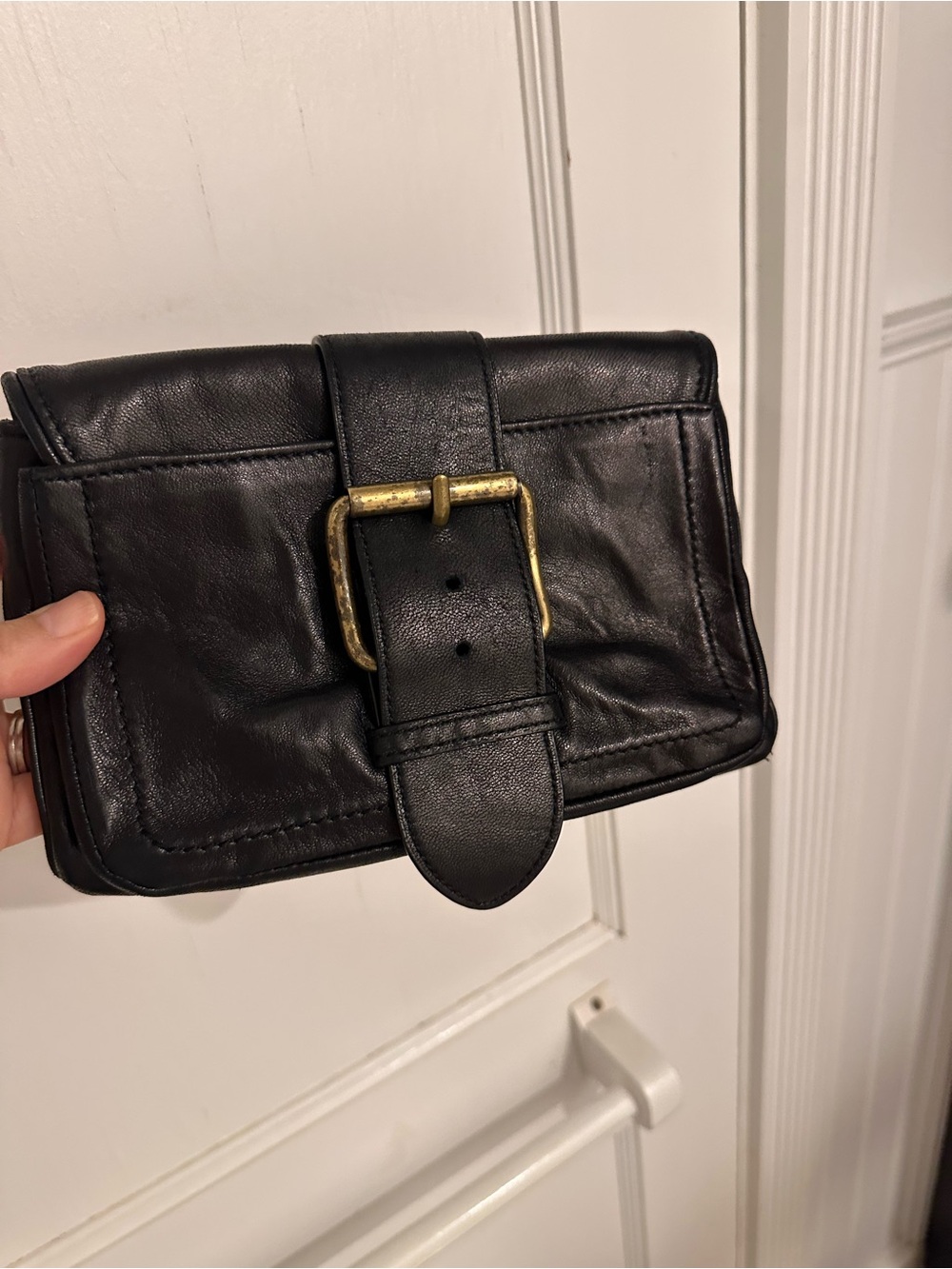 Brooks Brothers Black Leather Buckle Clutch/Wristlet with Brass-Tone Hardware